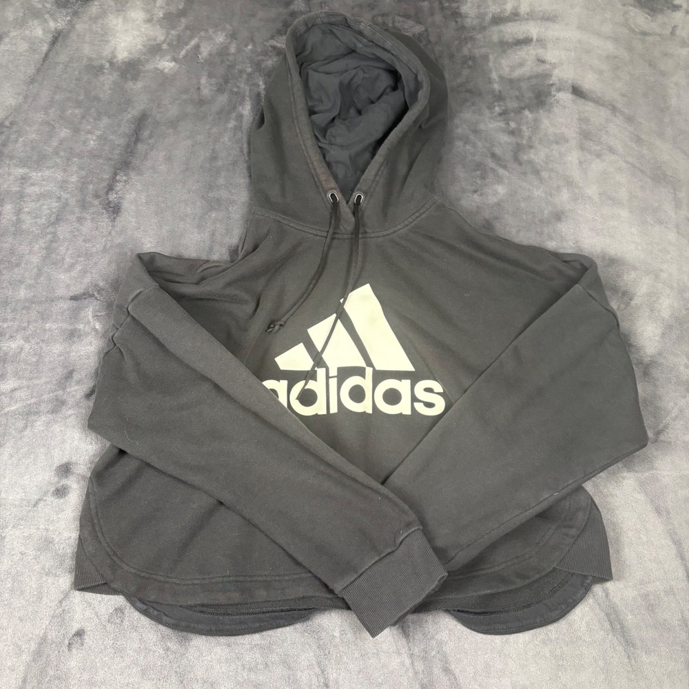 Adidas Hoodie Womens XL Black Cropped Logo Pullover Sweatshirt